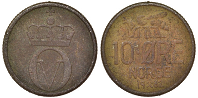 НОРВЕГИЯ 10 ЭРЕ 1962 KM 411 медно-никель 62-1054