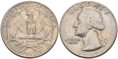 США 25 центов (квотер) 1965 Вашингтон KM 164a медь плакированная медно-никелем 08-636