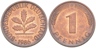 ФРГ 1 ПФЕННИГ 1986 D KM 105, J. 380 сталь плакированная медью 4181-662