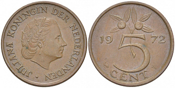 Нидерланды 5 центов 1972 Юлиана (1948-1980) KM 181 бронза 214-825