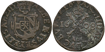 Нидерланды Испанские, Брабант 1 дуит 1608 GH 300, KM 32, Vanhoudt 593 медь 1526-1315