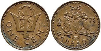 Барбадос 1 цент 1973 сломанный трезубец Британии KM 10 бронза 4396-1247