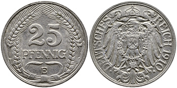 Германия 25 пфеннигов 1910 E KM 18, Weege 12, J.18 никель 93-123