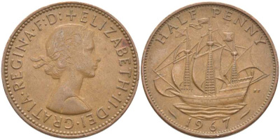 Великобритания 1/2 пенни 1967 Елизавета II (1952-2022) KM 896, Spink 4158 бронза 113-254
