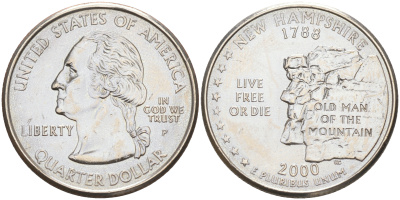 США 25 центов = квотер 2000 Р, серия штаты США, Нью-Гэмпшир KM 308 медь плакированная медно-никелем 190-356