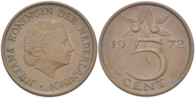 Нидерланды 5 центов 1972 Юлиана (1948-1980) KM 181 бронза 214-825