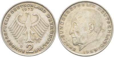 ФРГ 2 марки 1972 D, Конрад Аденауэр KM 124, J. 406 медно-никель плакированный никелем  3718-1054
