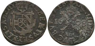 Нидерланды Испанские, Брабант 1 дуит 1608 GH 300, KM 32, Vanhoudt 593 медь 1526-1315