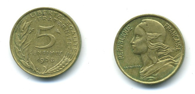 ФРАНЦИЯ 5 САНТИМОВ 1968 ТИП MARIANNE KM 933, LE FRANC 125.4 алюминиевая бронза 84-1529