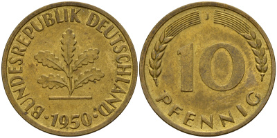 ФРГ 10 пфеннигов 1950 J J. 383, KM 108 сталь плакированная латунью    4603-323