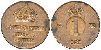 Швеция 1 эре 1963 U, Густав VI Адольф (1950-1973) KM 820 бронза 112-227