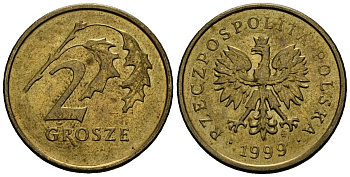 Польша 2 гроша 1999 MW KM 277, Parchimowicz 702f латунь 4136-765