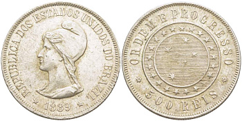 Бразилия 500 рейс 1889 Республика (1889-1942) KM 494 серебро 1519-1245