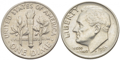 США 10 центов (дайм) 1967 Рузвельт KM 195а медь плакированная медно-никелем 105-1043