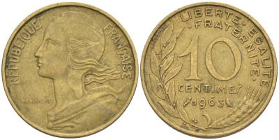 Франция 10 сантимов 1963 тип Marianne KM 929, LE FRANC 144.3 медь алюминий никель 4511-712