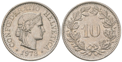 Швейцария 10 раппенов 1973 KM 27 медно-никель 220-914