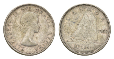 Канада 10 центов 1953 Елизавета II (1952-2022), парусник KM 51 серебро 4623-867