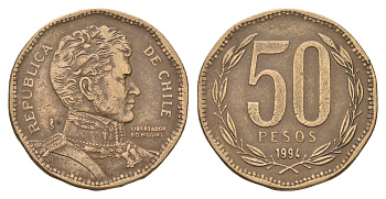 Чили 50 песо 1994 Бернардо О’Хиггинс KM 219.2 алюминиевая бронза 36-434