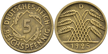 Германия 5 рейхспфеннигов 1925 D KM 39, J. 316 алюминиевая бронза 46-622