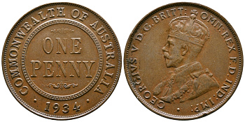 Австралия 1 пенни 1934 Георг V (1910-1936) KM 23 бронза    4607-446