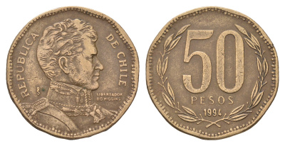 Чили 50 песо 1994 Бернардо О’Хиггинс KM 219.2 алюминиевая бронза 36-434