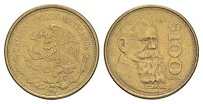 Мексика 100 песо 1985 Мо, Венустиано Карранса де ла Гарса, изогнутый верх 5 KM 493 алюминиевая бронза 4637-752