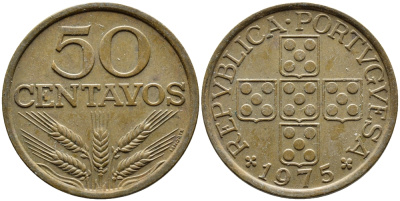 ПОРТУГАЛИЯ 50 СЕНТАВО 1975 KM 596 бронза 4391-1112
