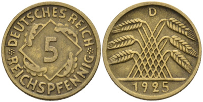 Германия 5 рейхспфеннигов 1925 D KM 39, J. 316 алюминиевая бронза 46-622