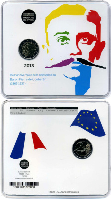 Франция 2 евро 2013 150 лет со дня рождения Пьера де Кубертена, буклет, пластик, запайка KM 2102 биметалл BUNC 00-000-00
