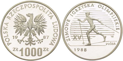 Польша 1000 злотых 1987 MW, XV зимние Олимпийские игры 1988 года в Калгари, лыжник, PROBA, проба, тираж 10000 экз., в оригинальной пластиковой коробке KM Pr 565, Parchimowicz P.492a серебро PROOF 5-3-1-171