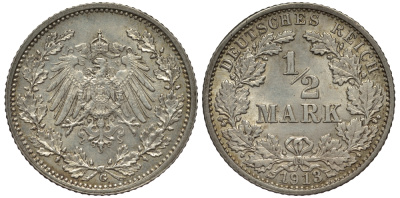 Германия 1/2 марки 1913 G J. 16, KM 17 серебро 413-6235
