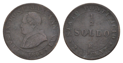 Папская область 1/2 сольдо 1867 R, Пий IX (1846-1878) KM 1371 медь 4655-121