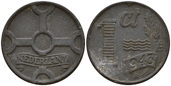 Нидерланды 1 цент 1943 Вильгельмина I (1890-1948) KM 170 цинк    4598-1248