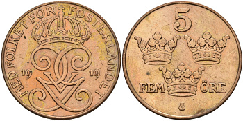 Швеция 5 эре 1919 Густав V (1907-1950) KM 779.2 бронза 4148-227