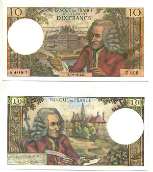 ФРАНЦИЯ 10 ФРАНКОВ 1972 7 СЕНТЯБРЯ 1972 Pick 147d бумага 3295-9-3