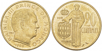 Монако 20 сантимов 1962 Ренье III (1949-2005) KM 143 алюминиевая бронза UNC 4402-727