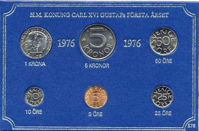 Швеция набор монетного двора из 6 монет 1976 в картоне, Карл XVI Густав (1973- ) KM MS4 UNC 7-5-7-218