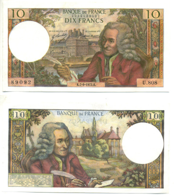 ФРАНЦИЯ 10 ФРАНКОВ 1972 7 СЕНТЯБРЯ 1972 Pick 147d бумага 3295-9-3