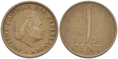 НИДЕРЛАНДЫ 1 ЦЕНТ 1959 ЮЛИАНА KM 180 бронза 66-849