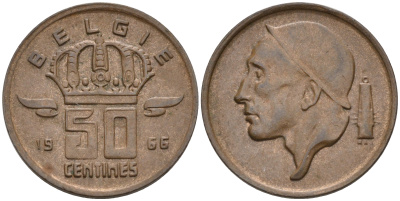 БЕЛЬГИЯ 50 САНТИМОВ 1966 BELGIE KM 149.1 бронза 4564-155