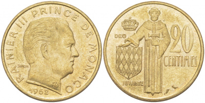 Монако 20 сантимов 1962 Ренье III (1949-2005) KM 143 алюминиевая бронза UNC 4402-727