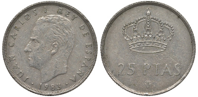 Испания 25 песет 1983 Хуан Карлос I (1975-2014) KM 824 медно-никель 4123-1241