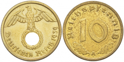 Германия 10 рейхспфеннигов 1939 A KM 92, J. 364 алюминиевая бронза 261-1047