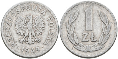 Польша 1 злотый 1949 KM 45a алюминий 117-744