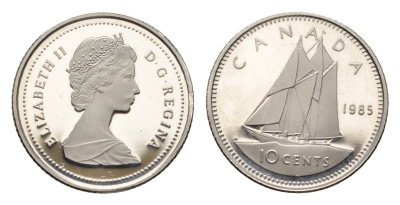 Канада 10 центов 1985 Елизавета II (1952-2022), парусник KM 77 никель PROOF 413-3733