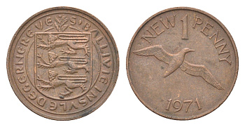 Гернси 1 новый пенни 1971 Елизавета II (1952-2022), северная олуша в полете KM 21 бронза 4702-746