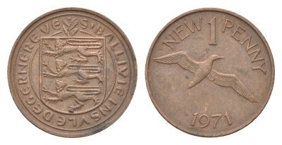 Гернси 1 новый пенни 1971 Елизавета II (1952-2022), северная олуша в полете KM 21 бронза 4702-746