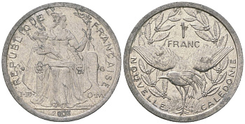 Французская Новая Каледония 1 франк 2003 птица кагу, (IEOM) KM 10, Schoen 10, Lec 52h алюминий 51-142
