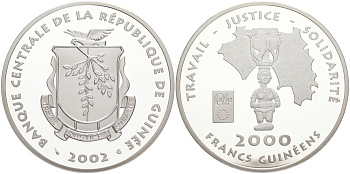 Гвинея 2000 франков 2002 Travail, Justice, Solidarite, тираж 500 экземпляров KM 65 серебро PROOF 00-801-22