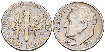 США 10 ЦЕНТОВ = 1 ДАЙМ 1968 РУЗВЕЛЬТ KM 195a медь плакированная медно-никелем 188-415